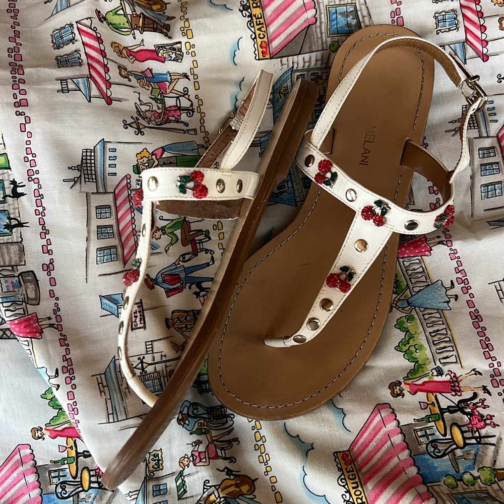 Antonio Melani summer t strap sandals with tiny rhinestone cherries - Picture 2 of 12